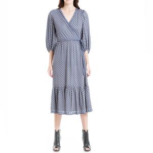 Max Studio Textured Jersey Short Sleeve Wrap Midi Dress, Indigo Geo Star, Small